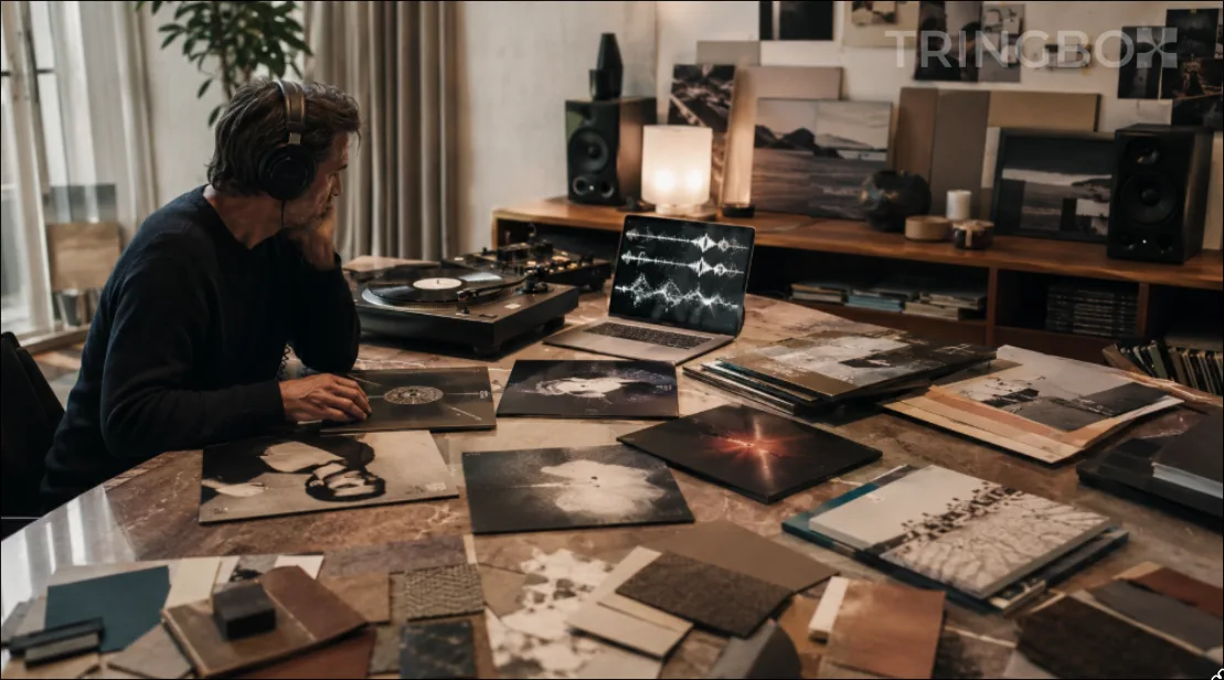 A visual representation of building a brand music persona from scratch using anchor tracks and AI.