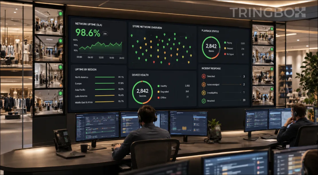 An enterprise operations dashboard displaying in-store music SLA uptime metrics, device telemetry, and incident response tracking.