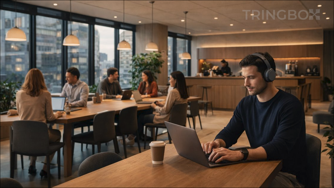 A modern, beautifully designed coworking space with professionals working comfortably, capturing the vibrant yet focused energy of a premium café.