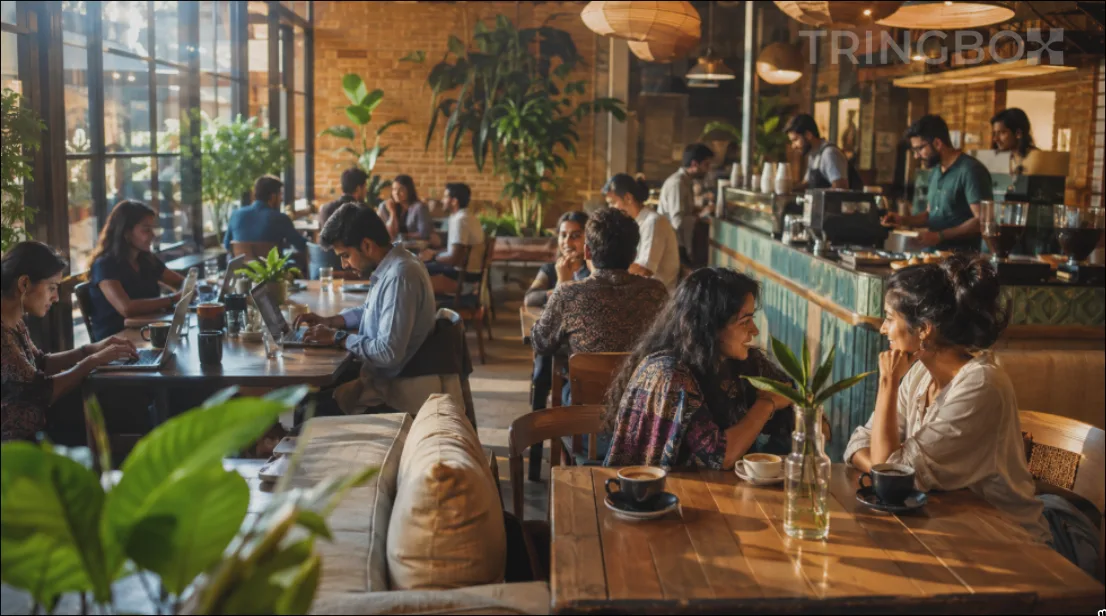 A modern, bustling cafe in India with guests enjoying coffee and remote work under AI-curated acoustic music from Tringbox.