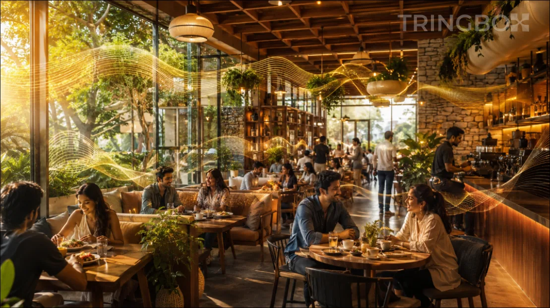 A vibrant, aesthetically pleasing modern cafe and restaurant interior, filled with relaxed customers, showcasing the seamless integration of intelligent AI music software.