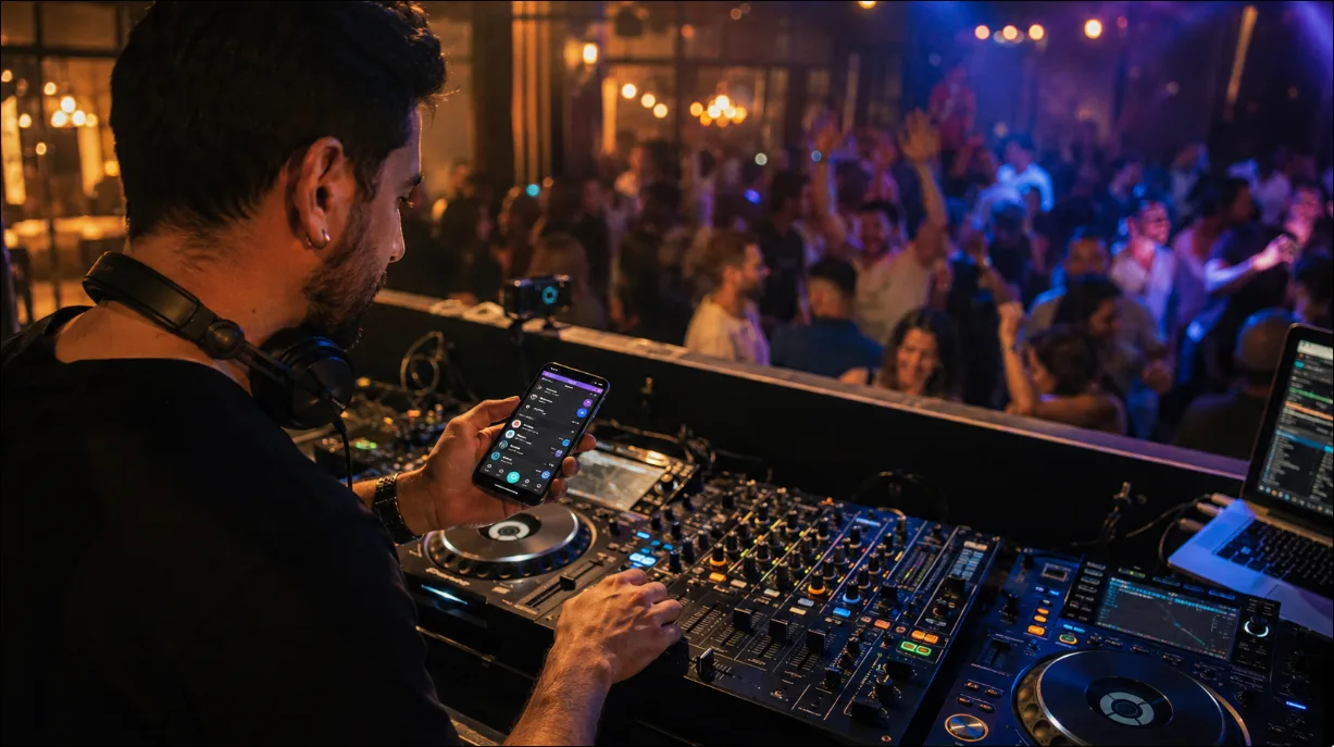 A DJ using a smartphone interface to manage digital song requests and tips while performing live in a vibrant venue.