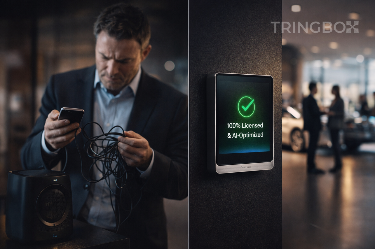 A cinematic shot of a Tringbox-enabled car showroom, emphasizing the legal safety and AI-driven ROI of the environment.