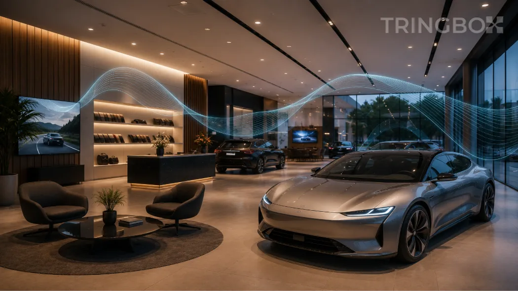 A stunning, minimalist automotive showroom displaying a sleek electric car, with smooth, geometric sound wave accents subtly emphasizing an intelligent, AI-managed acoustic environment.