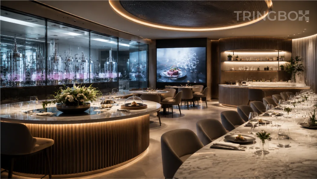 A modern, minimalist cultured food tasting pavilion featuring warm ambient lighting, marble counters, and glass-enclosed bioreactor views, unified by a soothing AI-curated soundscape.