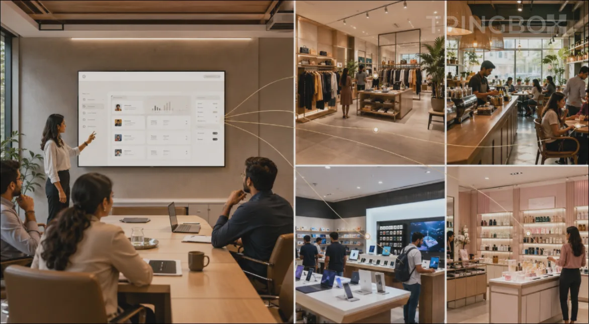 A split-screen visualization showing a central corporate headquarters dashboard seamlessly governing music rules across diverse regional retail locations.