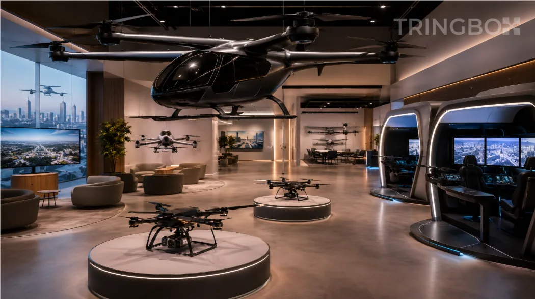A sleek, modern eVTOL and commercial drone showroom featuring suspended airframes, ambient lighting, and interactive flight simulator pods, unified by a warm, AI-managed acoustic layer.