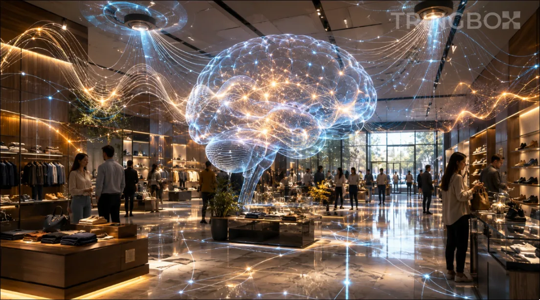 A modern commercial store operating with legally compliant, AI-curated background music from Tringbox.