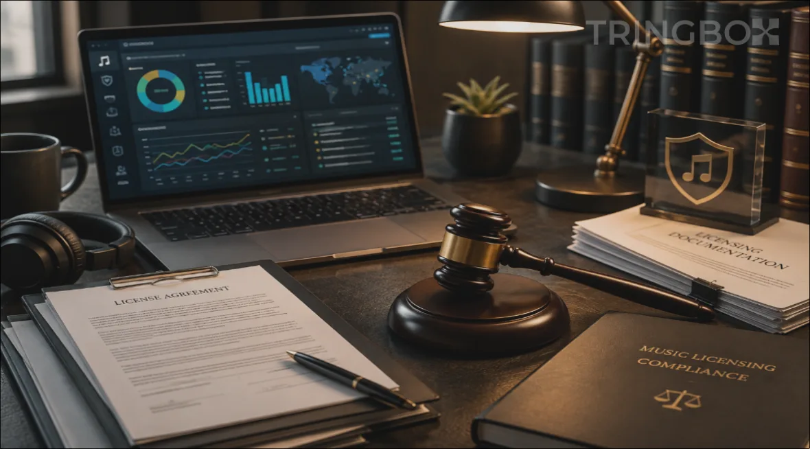 A conceptual desk showing legal licensing documents, a gavel, and an enterprise music dashboard representing commercial copyright compliance.