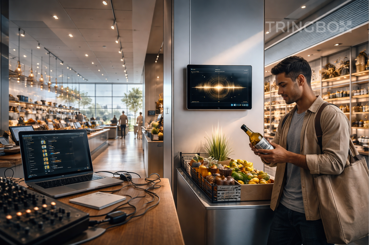 A modern retail storefront protected by a digital shield, representing the legal safety and AI intelligence of Tringbox.