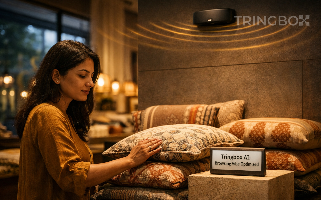 A modern retail store with a digital overlay showing sound waves and Tringbox AI managing the in-store music environment.