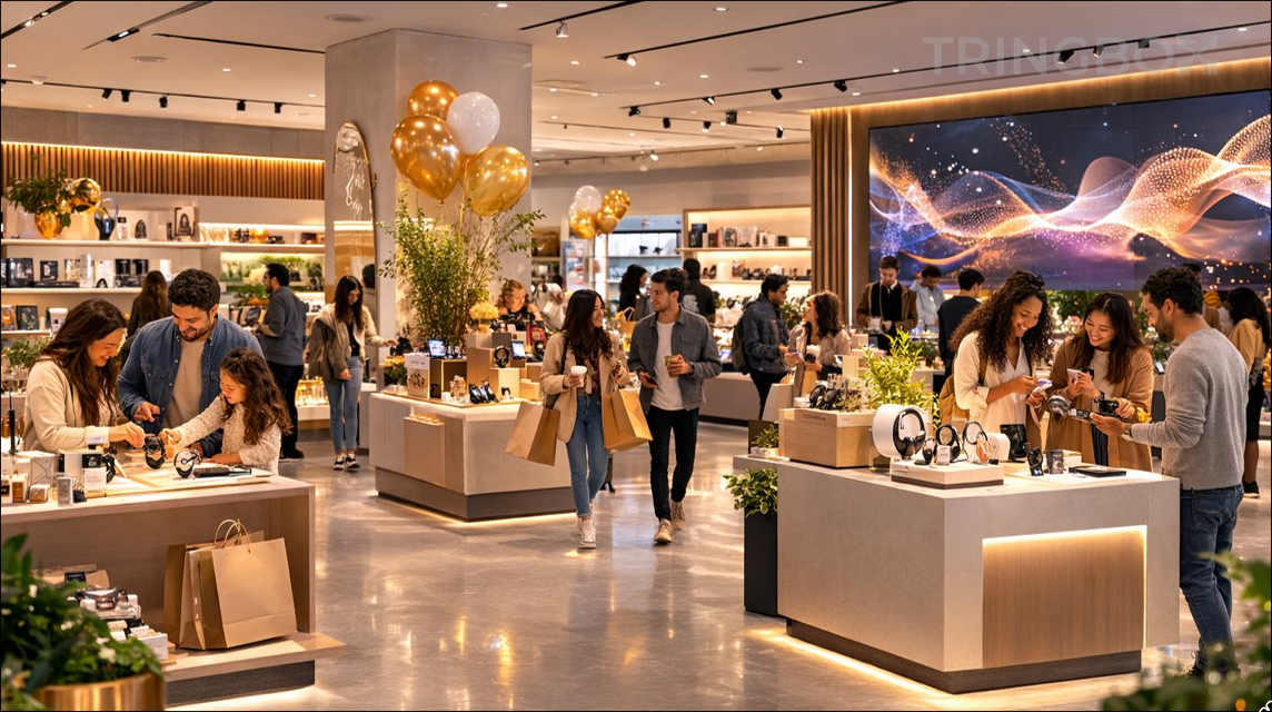 A happy customer in a modern retail store, symbolizing loyalty and appreciation through a personalized shopping experience.