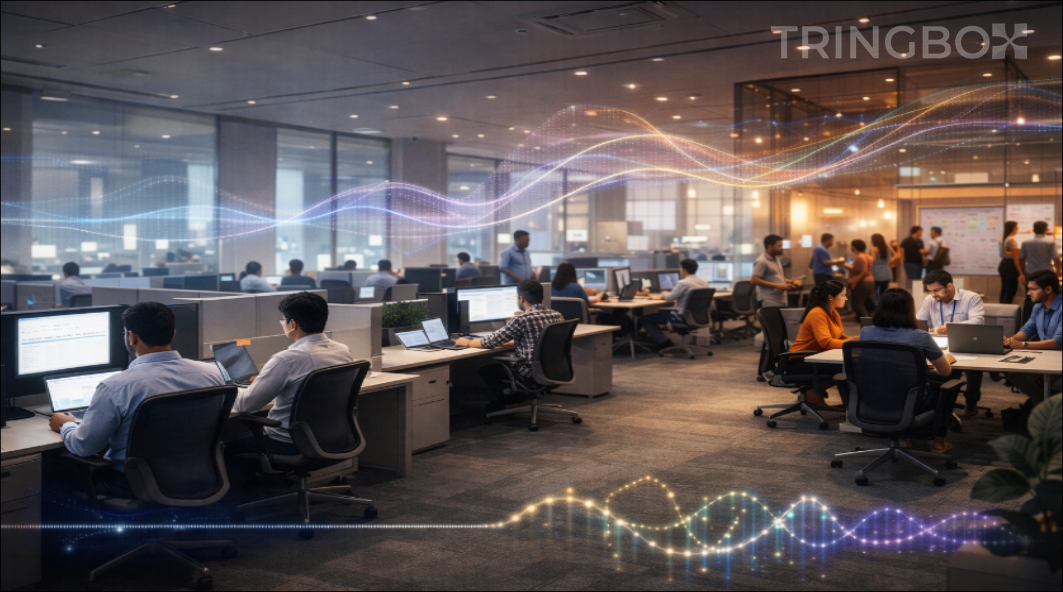 A modern, high-end corporate office with open-plan seating and a sophisticated, AI-managed sensory atmosphere.