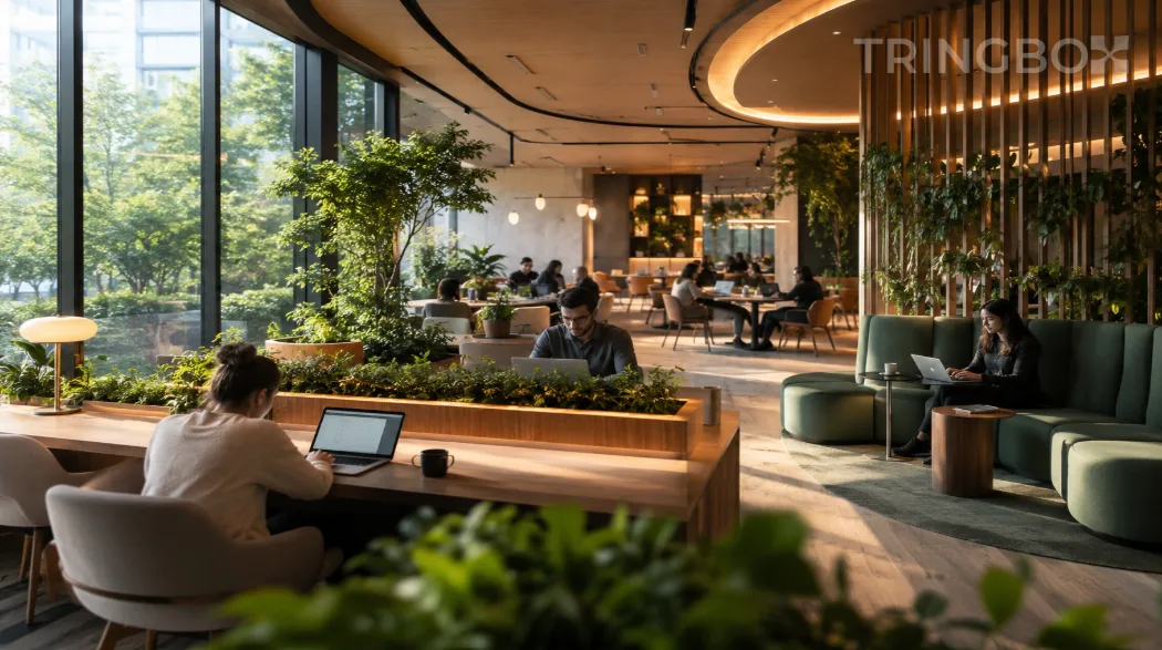A modern, beautifully designed glass-and-wood coworking lounge with lush plants, where professionals work calmly in a focused, AI-managed acoustic layer.