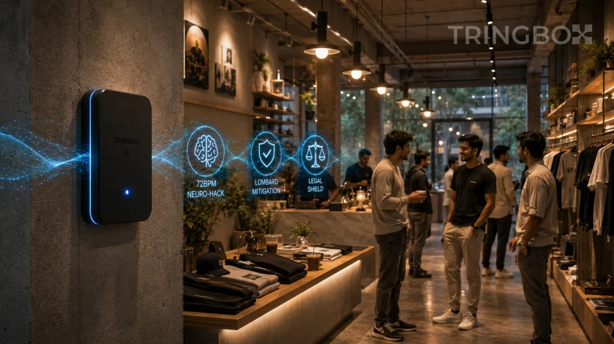 A 16:9 widescreen cinematic photograph capturing a premium, physical retail pop-up and cafe owned by a digital creator in India. The highly detailed background image emphasizes modern, aesthetic architectural lines, warm ambient lighting, and sleek merchandising displays, completely free of any text overlays and containing no girls. A matte-black Tringbox sensor hub is mounted elegantly onto a textured concrete wall, emitting a subtle, professional blue indicator light. Clean, translucent holographic data waves tracking environment telemetry float seamlessly in the atmospheric air, displaying clean status indicators such as 72BPM NEURO-HACK, LOMBARD MITIGATION, and LEGAL SHIELD. In the background, a diverse group of professional male creators and community members are networking comfortably, completely immersed in the optimized environment. Hyper-realistic, 8k resolution, cinematic lighting.