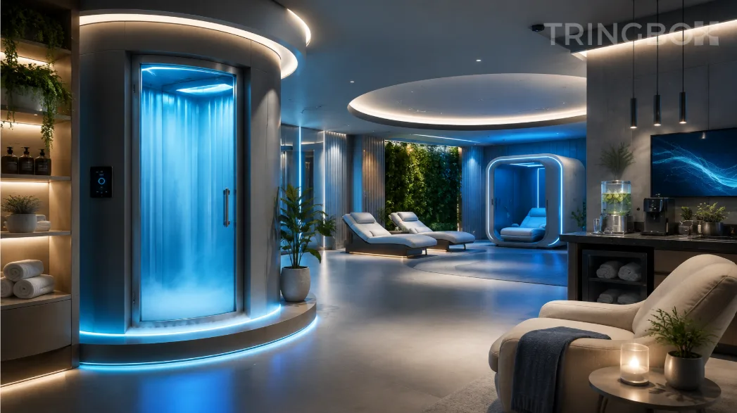 A sleek, modern cryotherapy recovery lounge featuring minimalist glass chambers, ambient blue lighting, and ergonomic seating, unified by a soothing AI-curated soundscape.