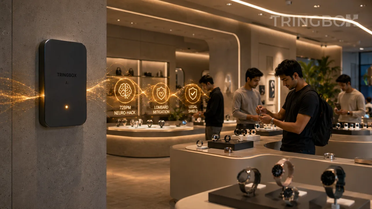 A 16:9 widescreen cinematic photograph capturing a premium, high-end consumer electronics boutique in India tailored for 'Cute Tech' and aesthetic wearables. The highly detailed background image emphasizes minimalist architectural lines, soft ambient lighting, and sleek display tables, completely free of any text overlays and containing no girls. A matte-black Tringbox sensor hub is mounted neatly onto a structural concrete wall, emitting a subtle, warm amber indicator light. Clean, translucent holographic data waves tracking environment telemetry float seamlessly in the atmospheric air, displaying metrics such as 72BPM NEURO-HACK, LOMBARD MITIGATION, and LEGAL SHIELD. In the background, a diverse group of professional male Gen Z shoppers are browsing comfortably, interacting with smart rings and AI wearables in the beautifully lit space. Hyper-realistic, 8k resolution, cinematic lighting.