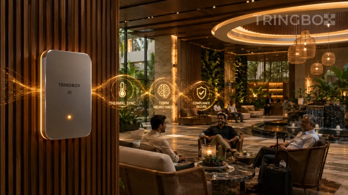 A 16:9 widescreen cinematic photograph capturing a premium, ultra-luxury Indian resort lobby and wellness center. The highly detailed background image highlights organic, sweeping architectural lines, natural stone textures, and biophilic design elements, containing absolutely no text overlays and no girls. A sleek, metallic Tringbox sensor hub is elegantly integrated into a textured wooden feature wall, emitting a subtle, warm amber light. Clean, translucent holographic data waves tracking environment telemetry float seamlessly in the atmospheric air, displaying metrics such as THERMAL SYNC, 72BPM NEURO-HACK, and COMPLIANCE SECURE. In the background, a diverse group of affluent, professional male travelers and refined older guests are lounging comfortably, completely relaxed by the optimized environment. Hyper-realistic, 8k resolution, cinematic lighting.