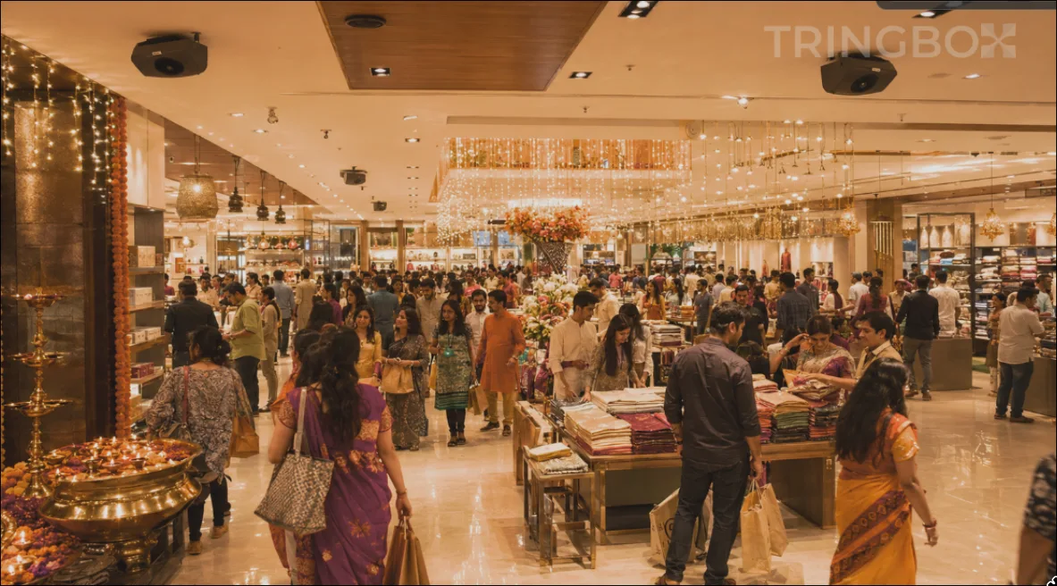 A vibrant, high-footfall Indian retail store during Deepawali, illustrating the need for intelligent, context-aware background music.
