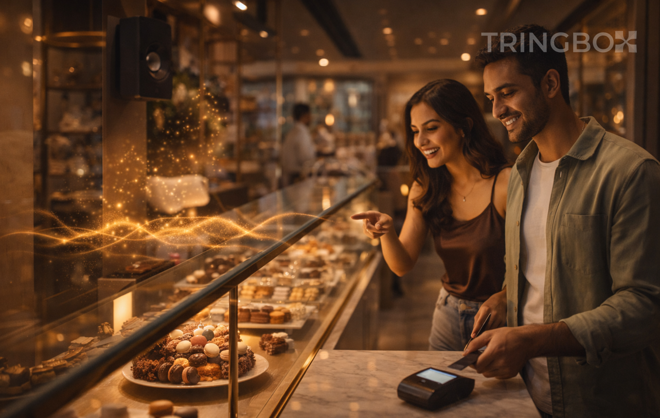 A luxury modern patisserie where glowing, soft pink and gold sound ripples represent the 'Sweet Frequencies' of Tringbox InStore AI.