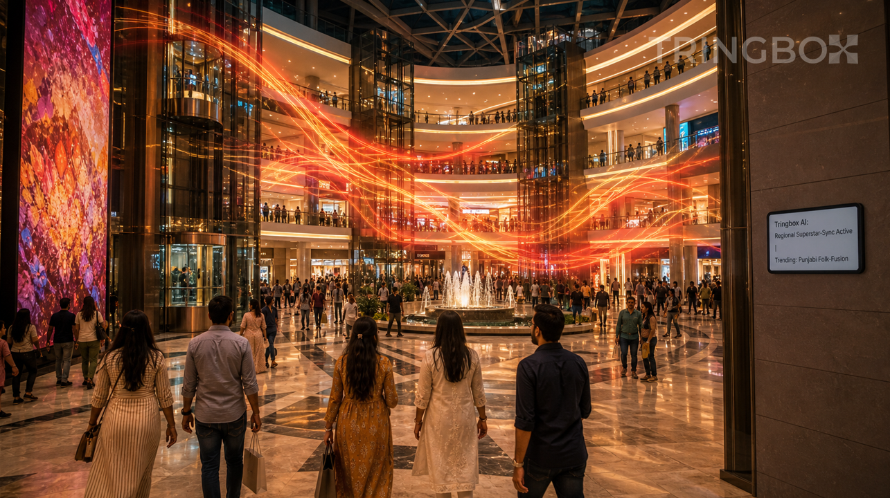 A high-energy Indian mall atrium where shimmering golden light ripples visually represent the regional superstar music being managed by Tringbox AI.