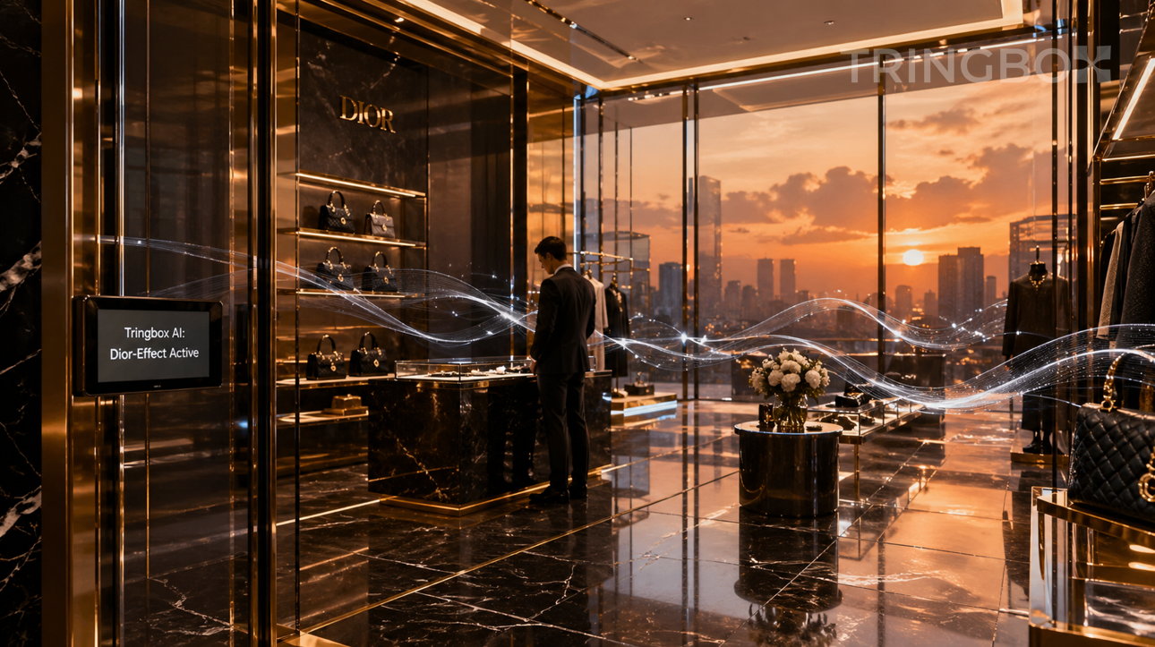 A minimalist luxury 2026 jewelry boutique in Mumbai where the 'Dior Effect' is visually represented by smooth, flowing silver sound waves from Tringbox AI.