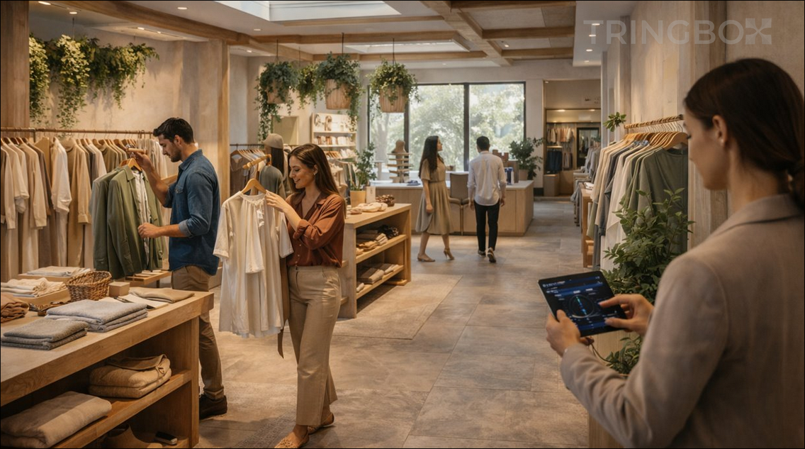 A lush, sustainable clothing boutique featuring natural wood, green plants, and soft, warm lighting.