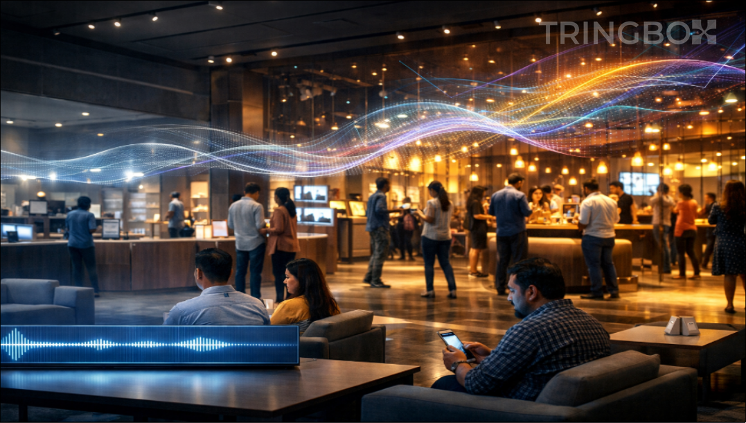 A sleek, modern electronic store showroom with high-end displays and a sophisticated, AI-managed sensory atmosphere.