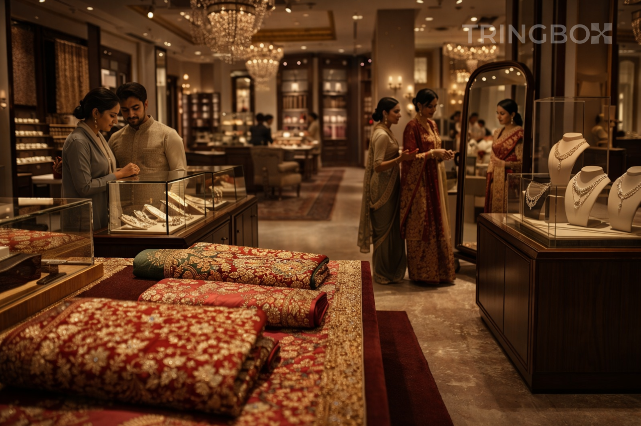 High-end luxury retail boutique in India featuring dynamic AI background music adapted by Tringbox