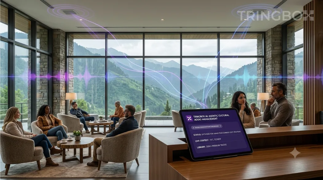 A beautiful, modern hotel lobby in a hilly region of India, with guests enjoying a localized, AI-curated audio atmosphere.