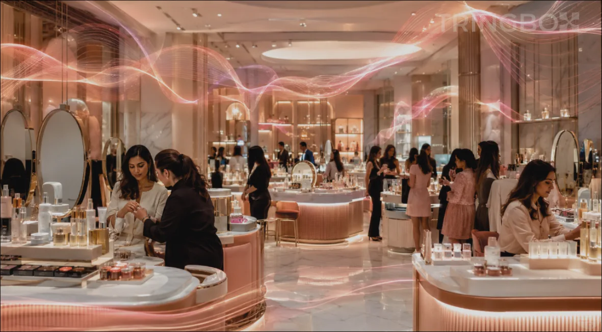 A modern, brightly lit premium cosmetic store with a digital audio dashboard showing AI-driven environmental sound adjustments.