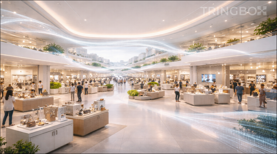 A high-tech control center visualization showing a national map of India with AI nodes managing thousands of retail store atmospheres simultaneously.