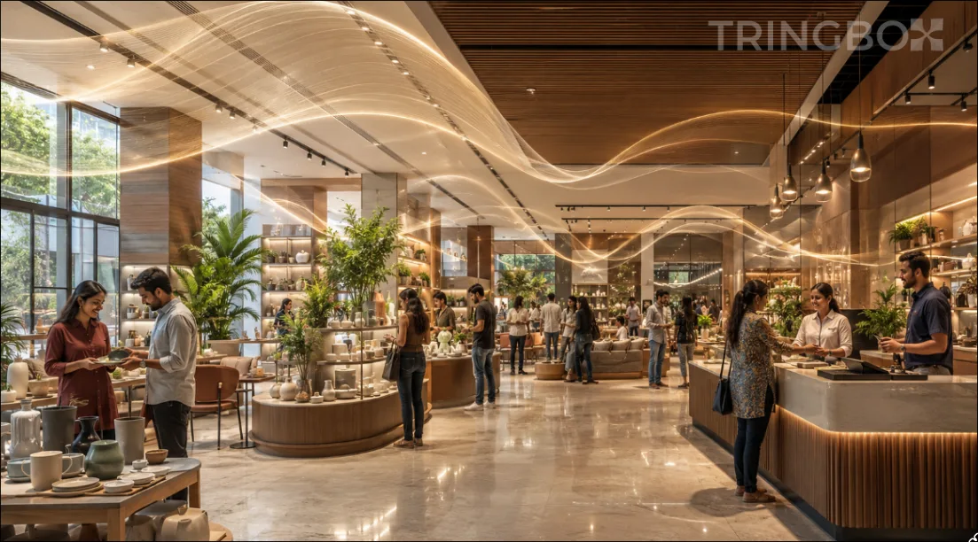 A modern commercial retail store in India enjoying real-time, environment-adapted AI background music from Tringbox.