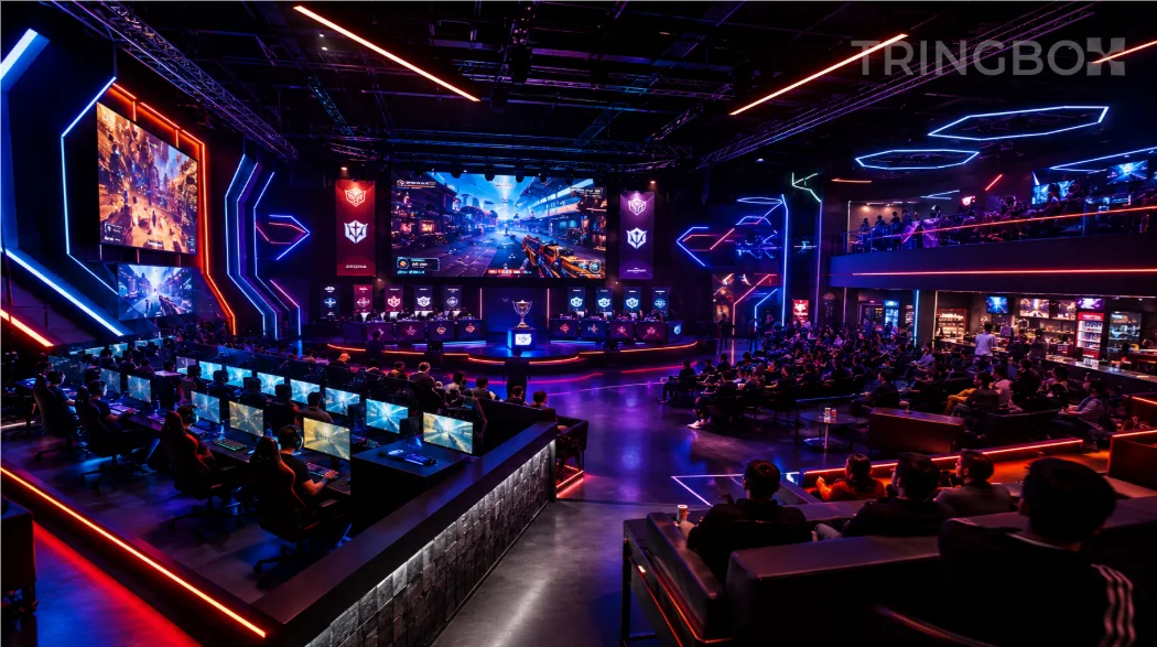 A futuristic esports arena with neon accent lighting, ergonomic gaming pods, and high-tech displays, unified by an invisible, AI-managed dynamic sound layer.