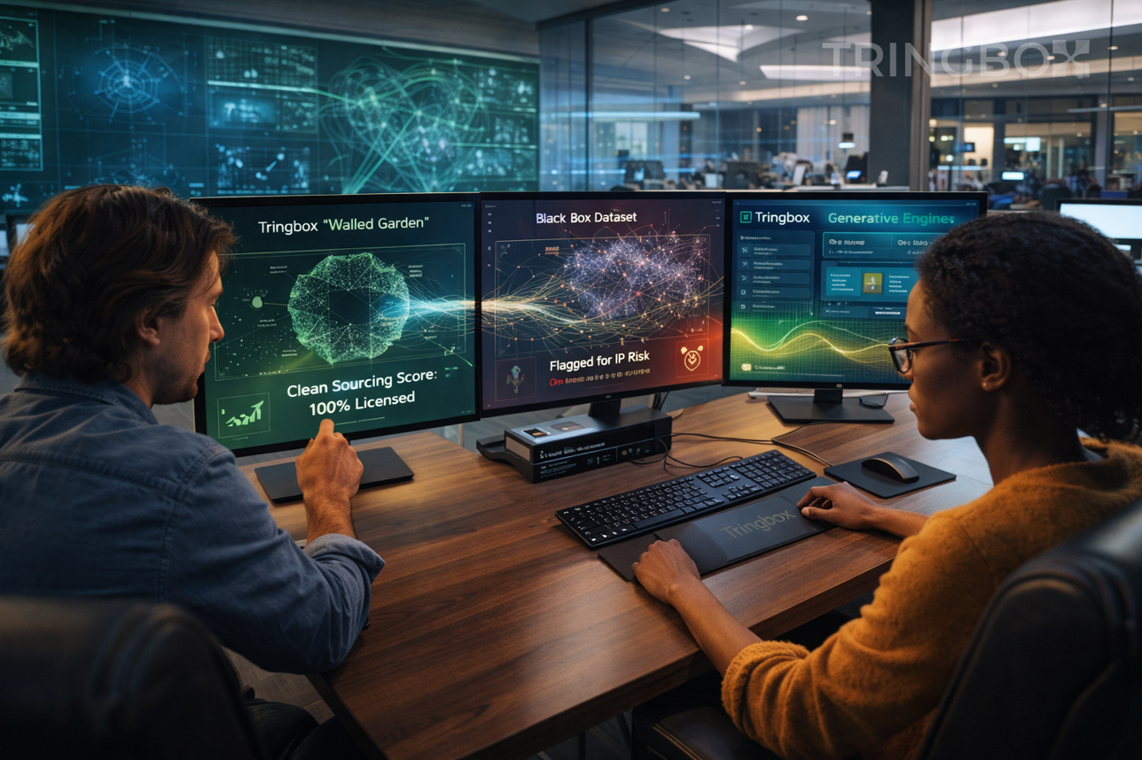 A conceptual visual of a shield protecting a brand's logo from chaotic digital noise, representing the brand safety and ethical sourcing of Tringbox AI.