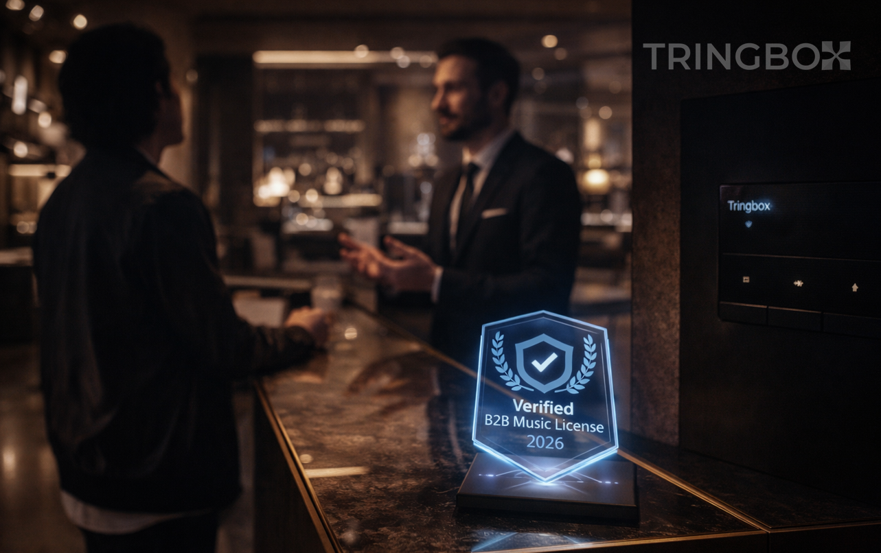 A cinematic close-up of a digital licensing certificate appearing over a high-end retail environment, representing the legal safety of Tringbox.