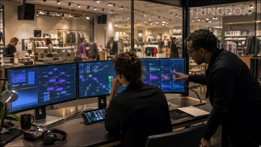 A user interface dashboard showing transparent AI decision-making factors for in-store music selection.