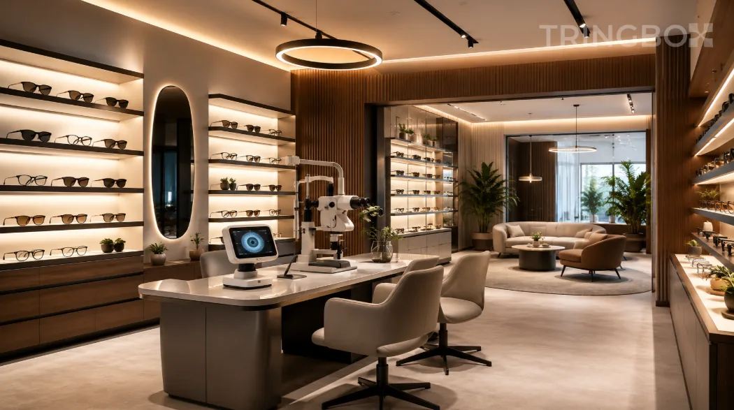 A sleek, modern optical boutique featuring backlit designer glasses displays and minimal wood finishes, unified by a calming, AI-driven audio soundscape.