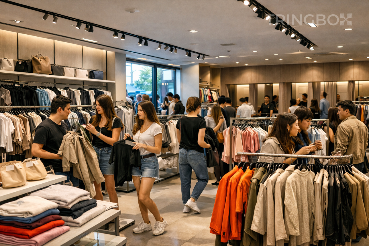 Fast fashion retail store interior with shoppers browsing while upbeat pop music plays