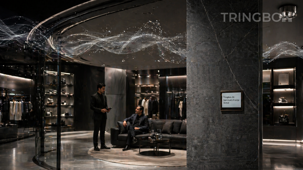 A futuristic luxury mall lounge in 2026 where the atmosphere is managed by visible sound ripples, representing Tringbox AI Echo-Architecture.