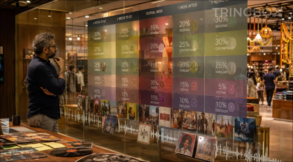 A visual timeline displaying dynamic percentage overlays for festival music programming in a commercial retail environment.