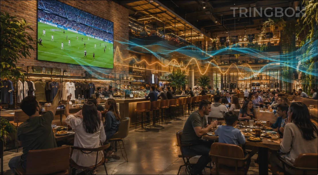 A vibrant sports bar and retail cafe screening a football match on a large display, with customers enjoying a balanced, AI-optimized acoustic atmosphere.