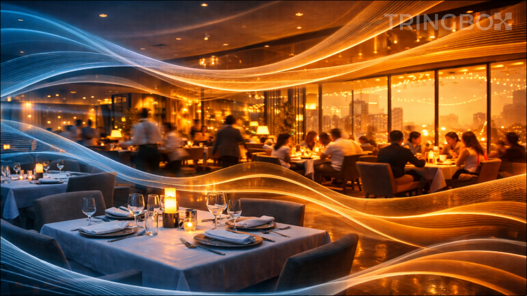 A high-end fine dining restaurant interior with soft festive lighting and a sophisticated, AI-managed sensory atmosphere.