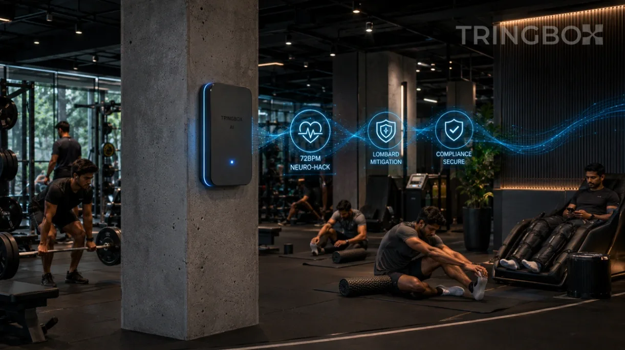 A 16:9 widescreen cinematic photograph capturing a premium, high-tech enterprise fitness facility and wellness club in India. The highly detailed background image emphasizes sleek, modern architectural lines, dark matte finishes, and premium lifting equipment, completely free of any text overlays and containing no girls. A matte-black Tringbox sensor hub is mounted neatly onto a structural concrete column near the recovery zone, emitting a subtle, professional blue indicator light. Clean, translucent holographic data waves tracking environment telemetry float seamlessly in the atmospheric air, displaying clean status indicators such as 72BPM NEURO-HACK, LOMBARD MITIGATION, and COMPLIANCE SECURE. In the background, a diverse group of athletic, professional male members are engaged in focused workouts and deep recovery stretching, completely immersed in the optimized environment. Hyper-realistic, 8k resolution, cinematic lighting.