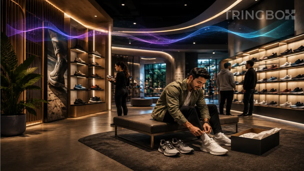 A sleek, modern premium footwear boutique with backlit shelving, where a relaxed customer tests a new pair of shoes enveloped in a calm, AI-managed acoustic layer.