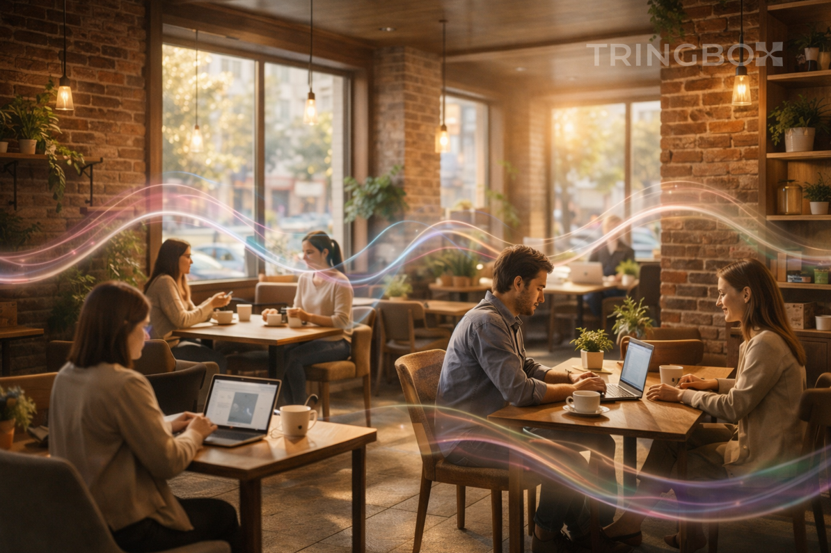 Cozy modern café using Tringbox AI powered royalty free music creating a warm and productive customer atmosphere