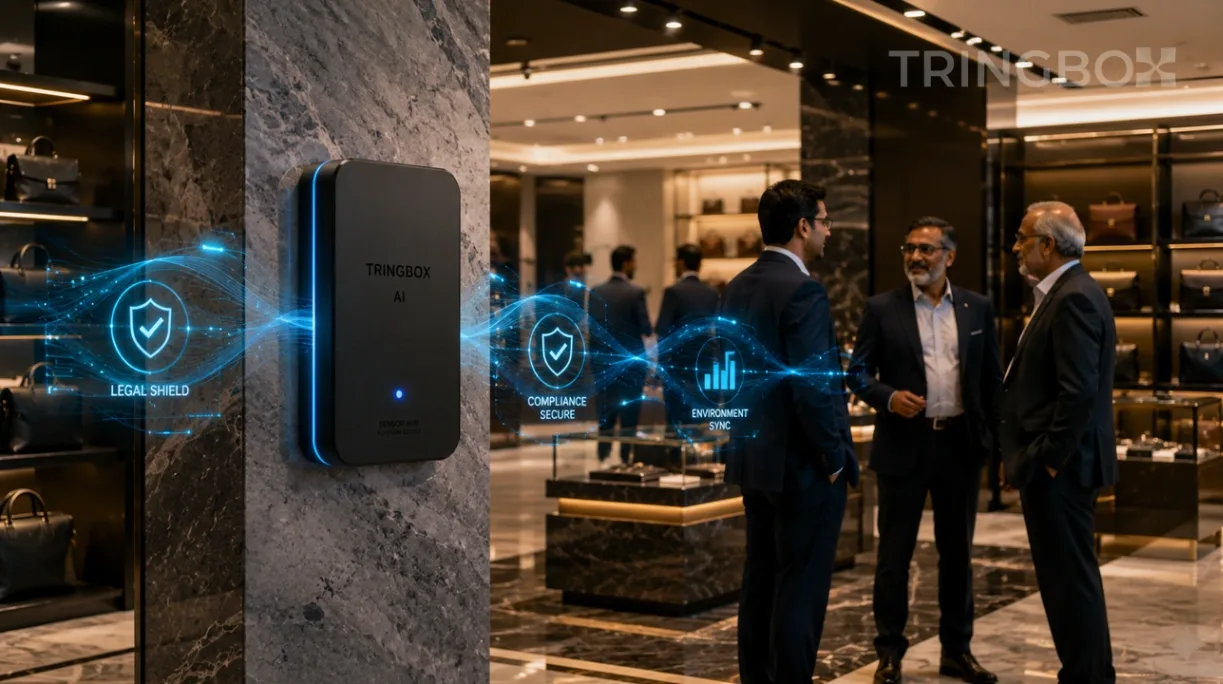 A 16:9 widescreen cinematic photograph capturing a premium Indian corporate and commercial retail environment. The highly detailed background image emphasizes clean architectural lines and high-end interior textures, completely free of any text overlays and containing no girls. A matte-black Tringbox sensor hub is mounted neatly onto a structural marble column, emitting a subtle, professional blue indicator light. Clean, translucent holographic data waves tracking environment telemetry float seamlessly in the atmospheric air, displaying clean status indicators such as LEGAL SHIELD and COMPLIANCE SECURE. In the background, a diverse group of professional male executives and older business owners are engaged in relaxed, confident conversation within the modern, well-lit commercial space. Hyper-realistic, 8k resolution, cinematic lighting.