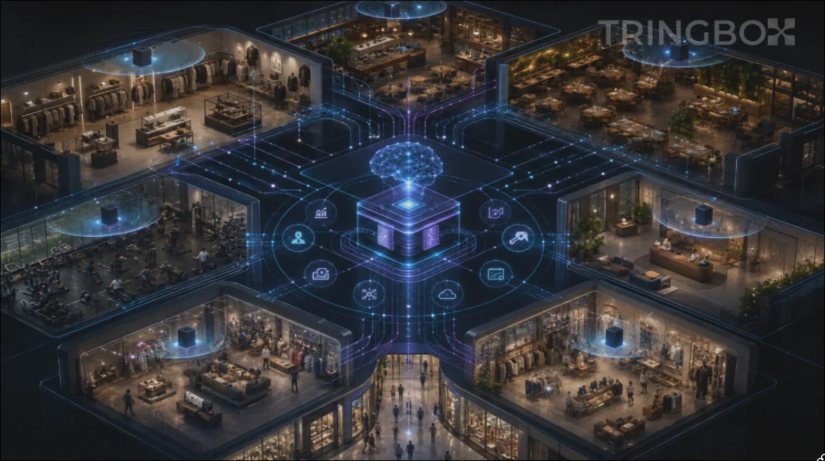 A conceptual blueprint illustrating the future of context-aware in-store music and AI audio orchestration across commercial physical spaces.