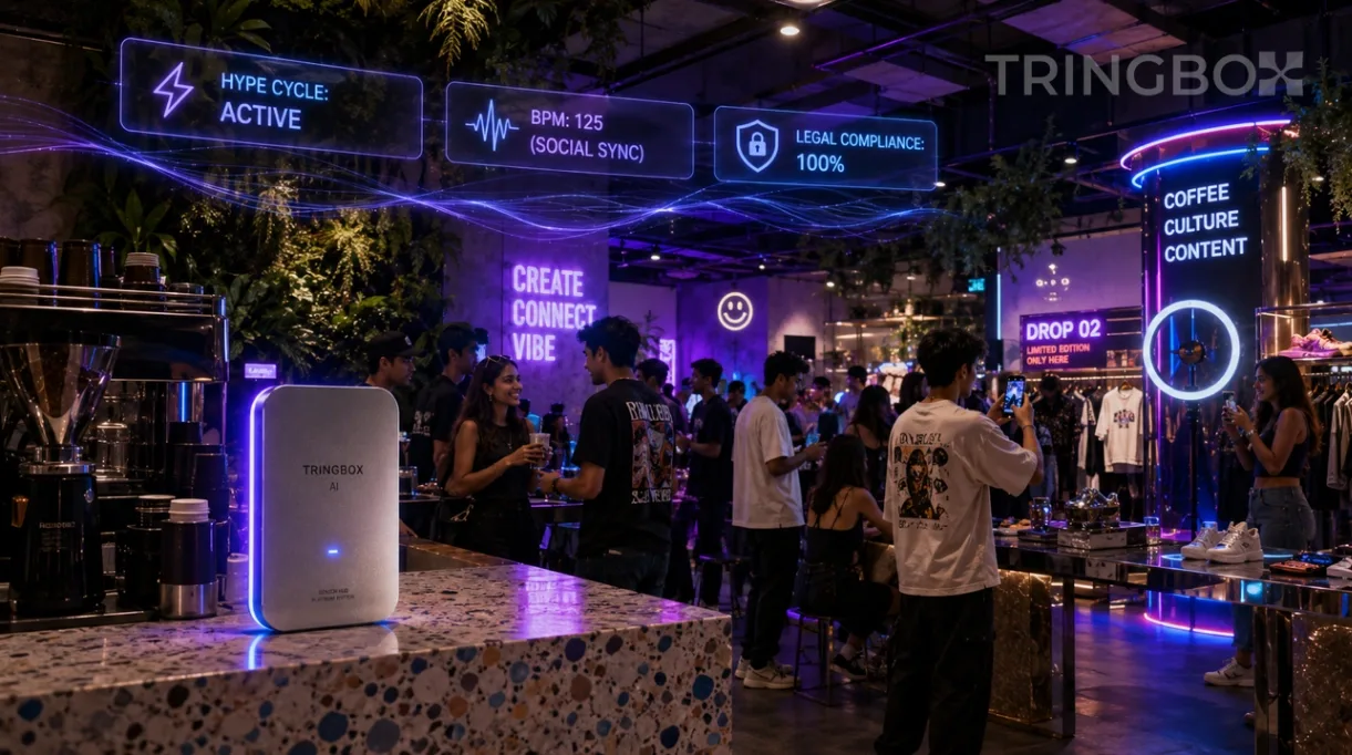 A professional 16:9 widescreen cinematic photograph of an immersive Gen Z retail pop-up and cafe space in 2026. A sleek Tringbox Agentic AI hub glows on an industrial concrete counter. Holographic overlays display 'HYPE CYCLE: ACTIVE' and 'BPM: 125'.