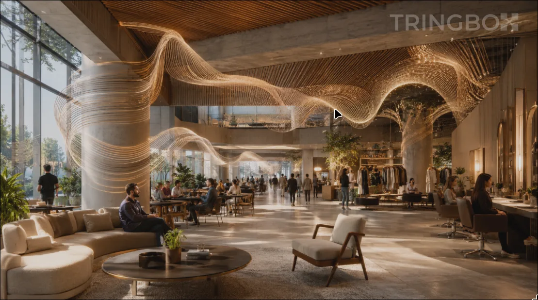 A highly premium, multi-sector commercial property displaying an ultra-modern aesthetic with an integrated cloud-native audio control overlay.